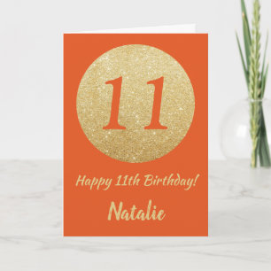 Feliz 11º Aniversário Cartão com Brilho Laranja e