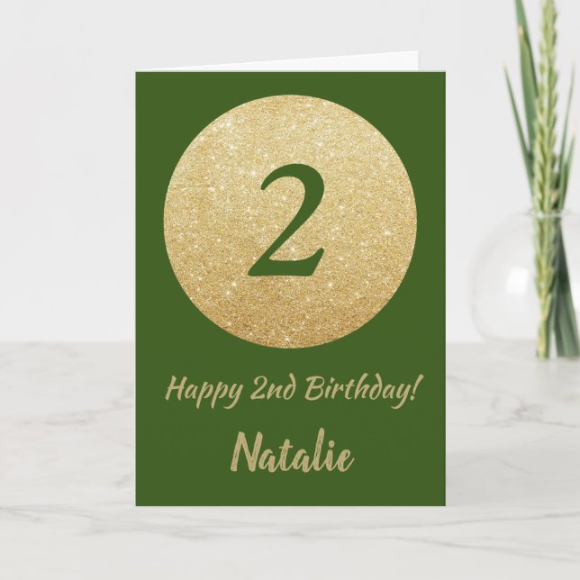 Feliz 2º Aniversário Cartão com Brilho Verde e Dou (Frente)