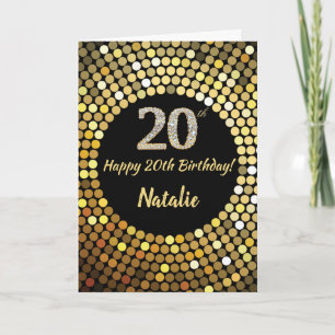 Feliz 20 Aniversário Preto e Dourado Cartão Bril