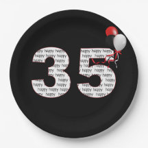 Feliz 35.º aniversário em prato de papel preto