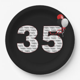 Feliz 35.º aniversário em prato de papel preto