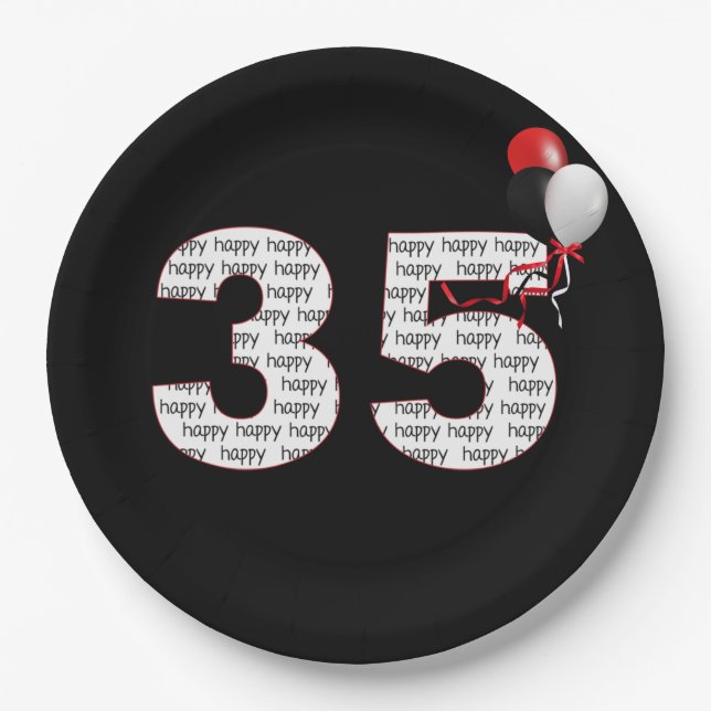 Feliz 35.º aniversário em prato de papel preto (Frente)
