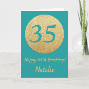 Feliz 35.º Aniversário, Teal e Dourado Cartão Lumi