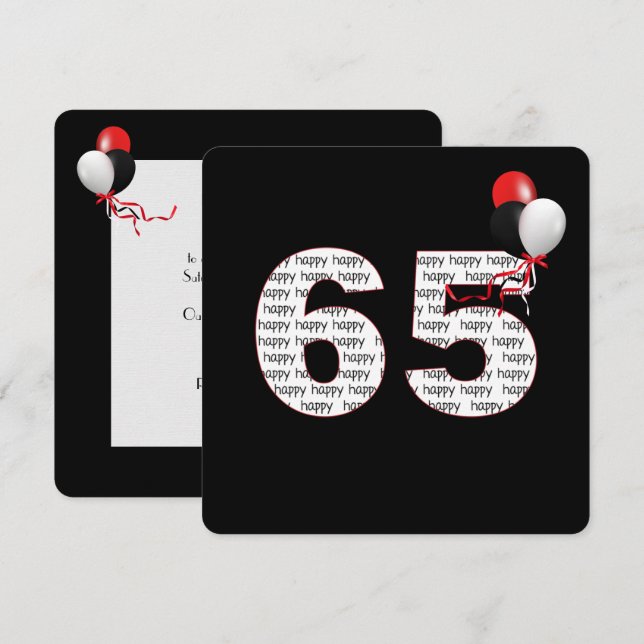 Feliz 65º Aniversário no Convite Preto (Frente/Verso)
