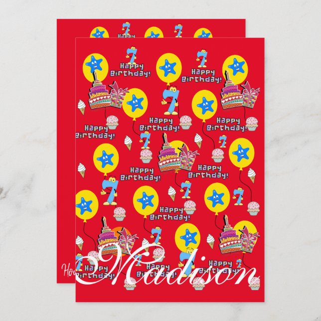 Feliz 7 de Aniversário Convite de Aniversário #7 V (Frente/Verso)