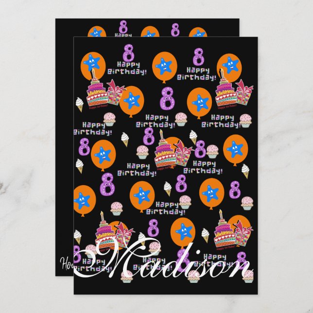 Feliz 8.º aniversário Convite Aniversário #8 Preto (Frente/Verso)