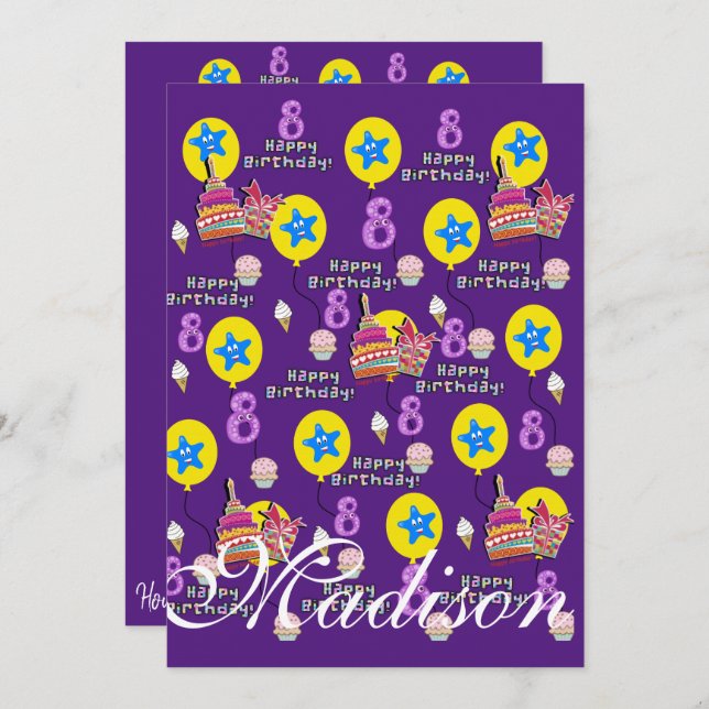 Feliz 8.º Aniversário do Convite #8 Roxo (Frente/Verso)