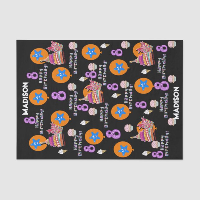 Feliz 8.º Aniversário Papel Tecido #8 Preto (Frente )