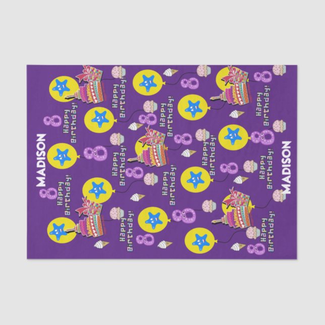 Feliz 8.º Aniversário Papel Tecido #8 Roxo (Frente )