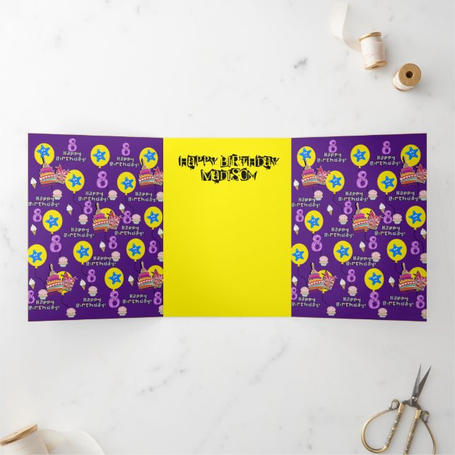 Feliz 8.º Cartão de Aniversário, #8 Purple &Yellow (Dentro)