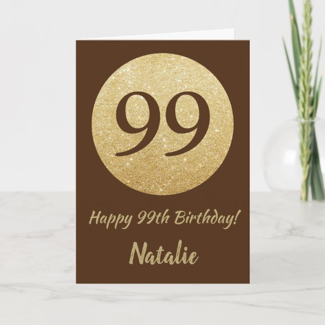 Feliz 99º Aniversário Cartão com Brilho Marrom e D (Frente)
