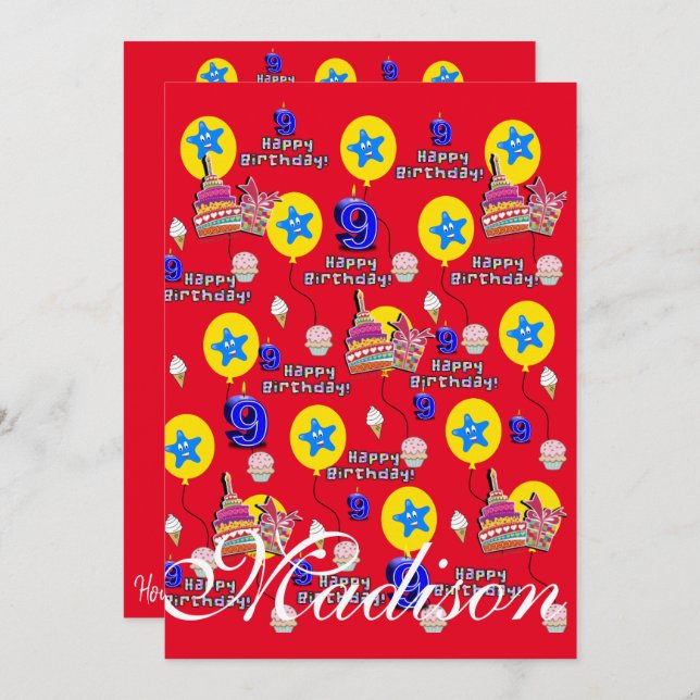 Feliz 9.º Aniversário Convite Aniversário #9 Verme (Frente/Verso)