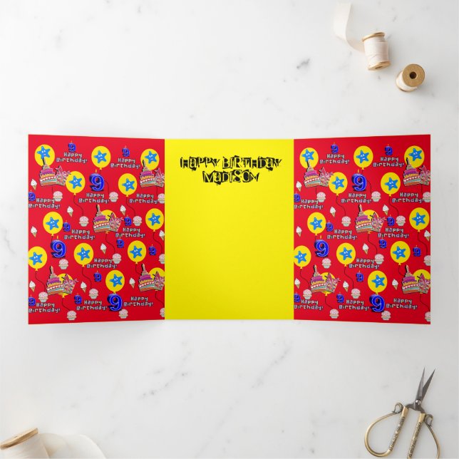 Feliz 9.º Cartão de Aniversário, 9 Vermelho e Amar (Dentro)