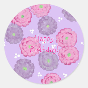 Feliz Aniversário, adesivos de flores rosa e roxas