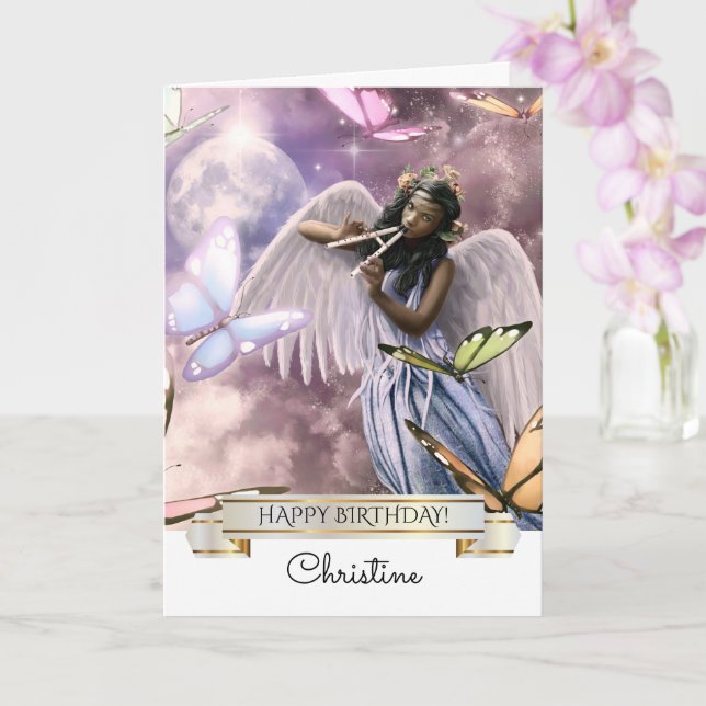 Feliz aniversário. Anjo com Cartão de Borboletas (Orquídea)