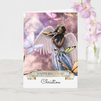 Feliz aniversário. Anjo com Cartão de Borboletas