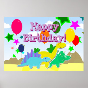 Feliz aniversário Balões Dinossauros Poster