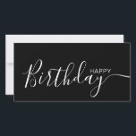 Feliz Aniversário Black White Modern Flat Card<br><div class="desc">Esta placa lisa moderna e elegante apresenta o texto Feliz Aniversário branco no lado frontal e no verso personalize-o com o seu nome ou nome de família. O fundo está em preto.</div>