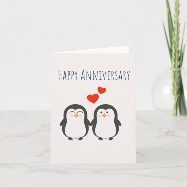 Feliz Aniversário - Cartão de Casal Pinguim Bonito (Frente)