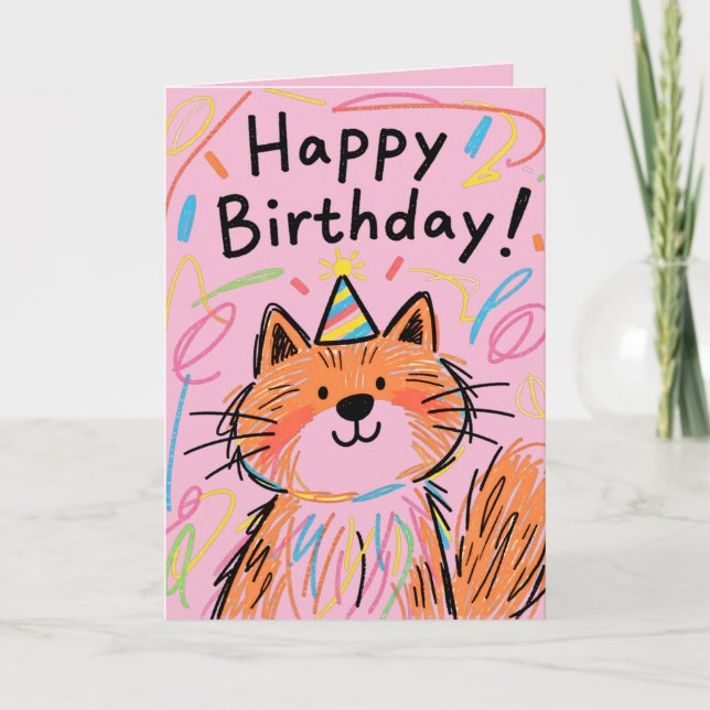 Feliz Aniversário Cartão do Gato Rabiscado Rosa (Frente)
