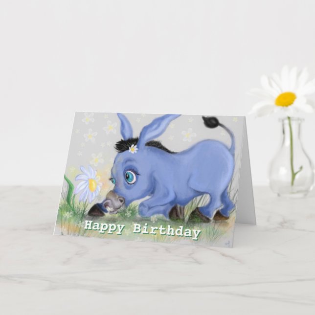 Feliz Aniversário Cartão Pequeno Donkey e Daisy (Planta pequena)