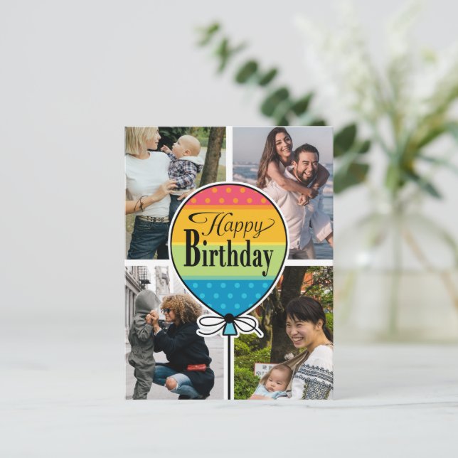 Feliz aniversário Colorida Balão 4 Cartão com foto (Em pé/Frente)