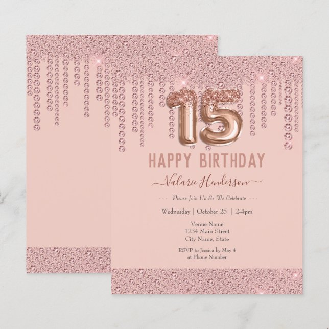 Feliz Aniversário de 15 Anos Rosa Brilho Diamante (Frente/Verso)