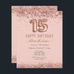 Feliz Aniversário de 15 de Feliz Brilho Rosa<br><div class="desc">Rapariga reluzente,  fundo cor-de-rosa milenar,  com tipografia de nome de script de rico. Texto do balão rosa dourado 15. Rosas rosa e borboletas na borda superior. Excelente para comemorações de marmelos.</div>