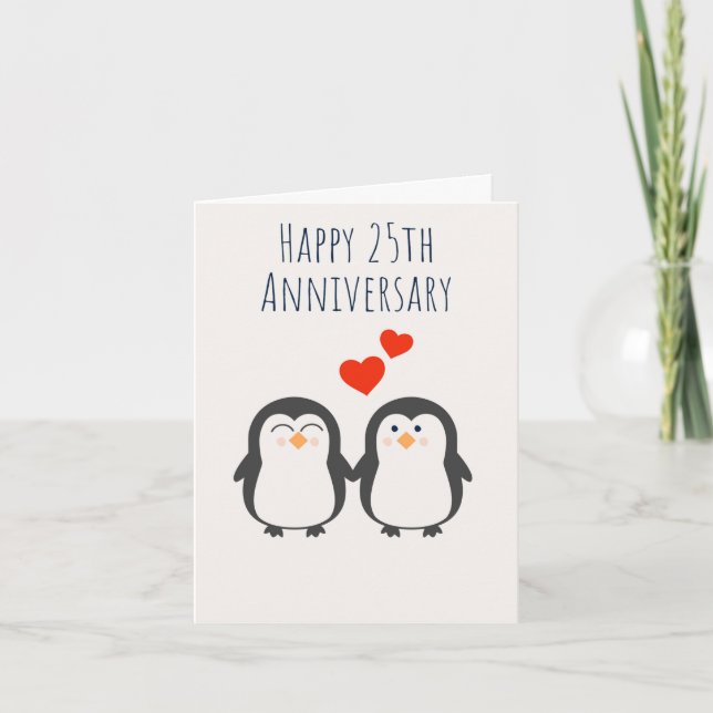 Feliz aniversário do 25 - Cartão Pinguim Casal Bon (Frente)