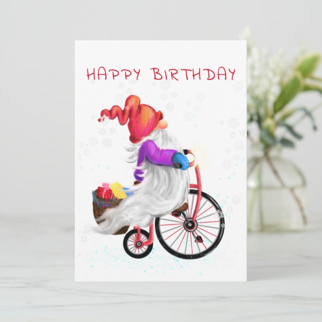 Feliz Aniversário do Gnomo com Bicicleta e present (Em pé/Frente)