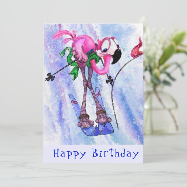 Feliz Aniversário - Engraçado Pink Flamingo Skier (Em pé/Frente)