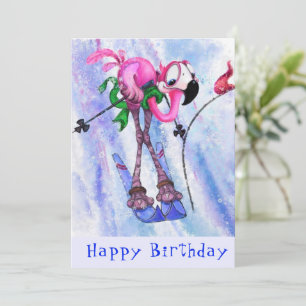 Feliz Aniversário - Engraçado Pink Flamingo Skier