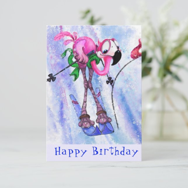 Feliz Aniversário - Engraçado Pink Flamingo Skier  (Em pé/Frente)