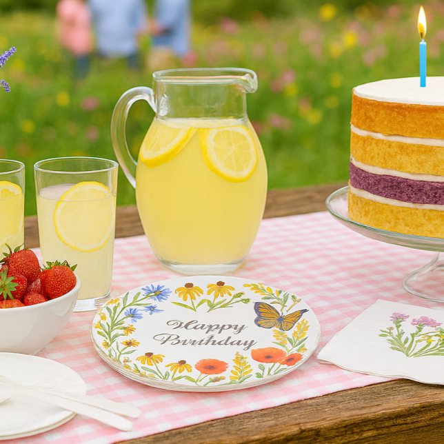 Feliz Aniversário Flores de Verão Prato de Papel (Add a touch of natural beauty and festive flair to your party setting,  with summer paper plate)