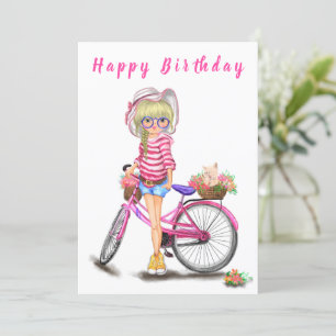 Feliz Aniversário - Menina Loura Bonita com Bicic