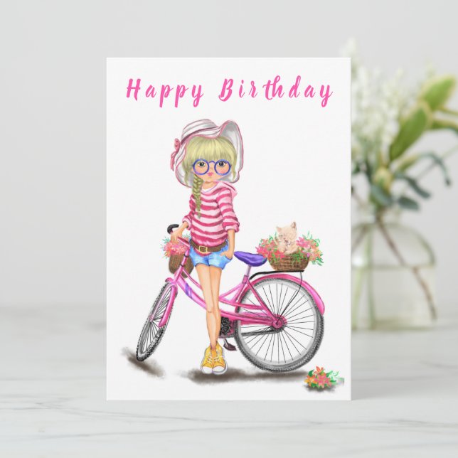 Feliz Aniversário - Menina Loura Bonita com Bicicl (Em pé/Frente)