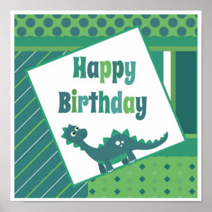 Feliz aniversário, poster de dinossauro verde/ azu