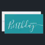 Feliz Aniversário, Teal White, Placa Plana Moderna<br><div class="desc">Esta placa lisa moderna e elegante apresenta o texto Feliz Aniversário branco no lado frontal e no verso personalize-o com o seu nome ou nome de família. O fundo está em cor real.</div>