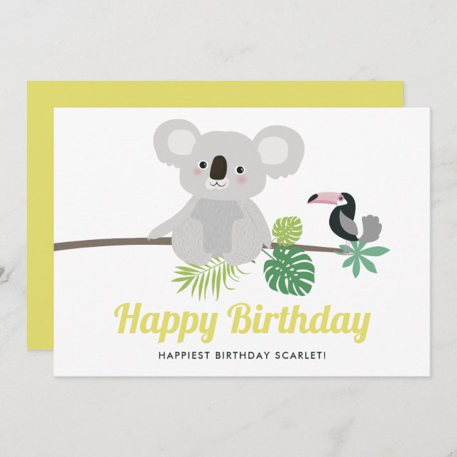 Feliz Aniversário Tropical de Koala e Toucan (Frente/Verso)
