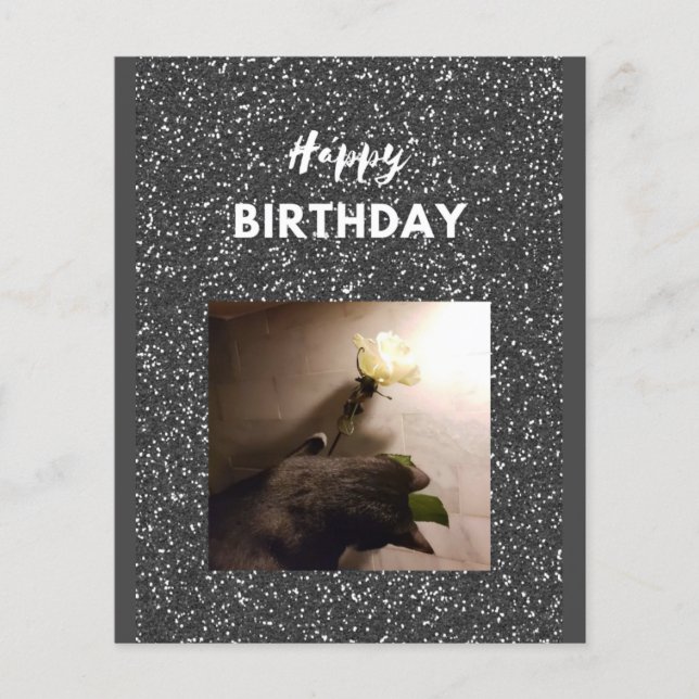 Feliz aniversário. Tuxedo gato com rosa. (Frente)