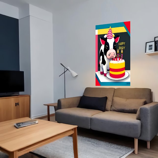 Feliz Aniversário, vaca, bolo| AI Art Poster (Criador carregado)