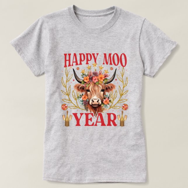 Feliz Ano da Moo | Vaca Highland | Camisa T de Ano (Frente do Design)