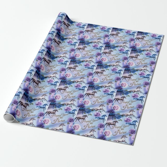 Feliz Ano do Cavalo com Rosas Papel de embrulho (Desenrolado)
