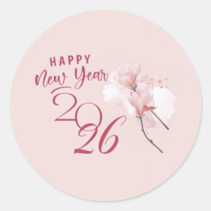 Feliz Ano Novo 2026 Adesivo Redondo Floral Rosa