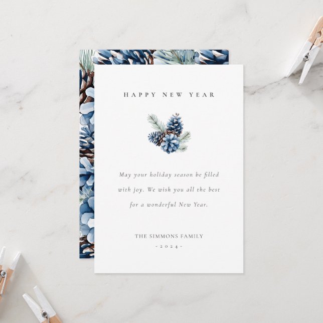 Feliz Ano Novo Cartão Plano de Pinhas Azuis (Frente/Verso In Situ)
