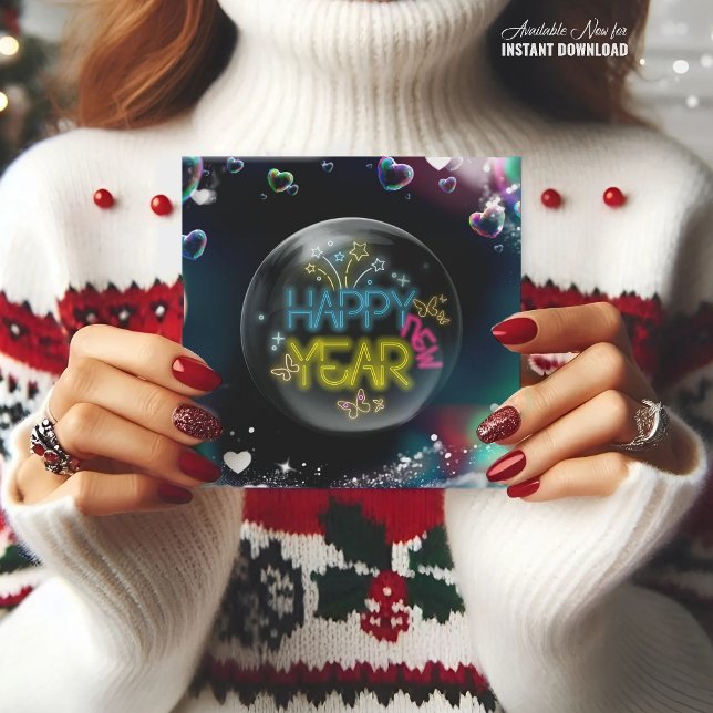 Feliz ano novo cartão preto elegante neon (Criador carregado)