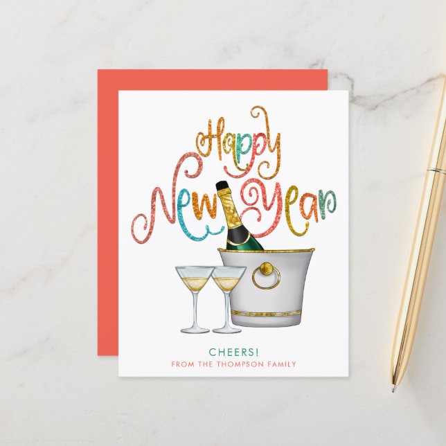 FELIZ ANO NOVO de Champanhe Dourado Glitter BUDGET (Frente/Verso In Situ)