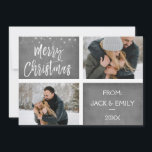 Feliz Cartão com fotos de neve de Natal ou floco d<br><div class="desc">Feliz Natal - Cinza De Carvões De Mão Lotou O Script Dois Cartão com fotos. A foto e o texto deste script de pincel com letra manual podem ser atualizados e personalizados com sua foto e seu nome. Este cartão também mostra o seu nome na parte de trás do cartão...</div>