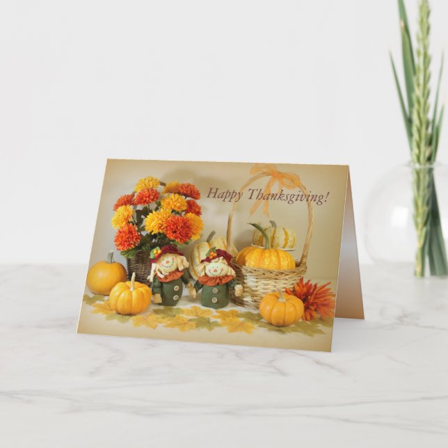 Feliz cartão de Ação de Graças com duas espantalho (Frente)