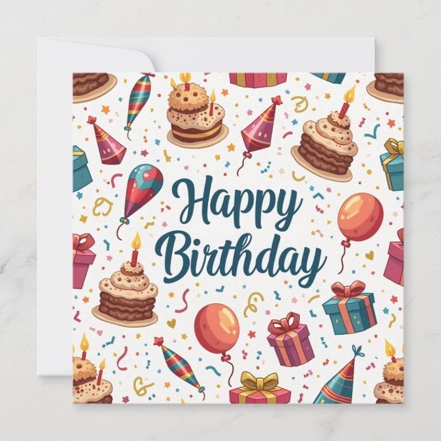 Feliz Cartão de Aniversário com Balões e Bolo (Frente)